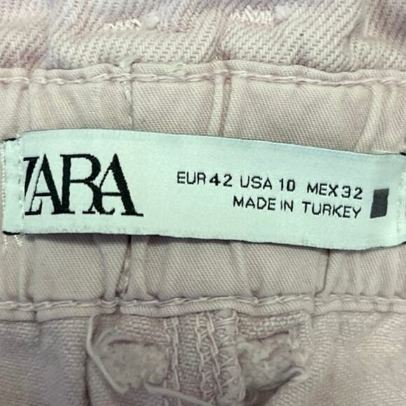 Zara Women's Pink Denim High Rise Straight Leg Paper Bag Trousers Pants Jeans 10 - Picture 4 of 5